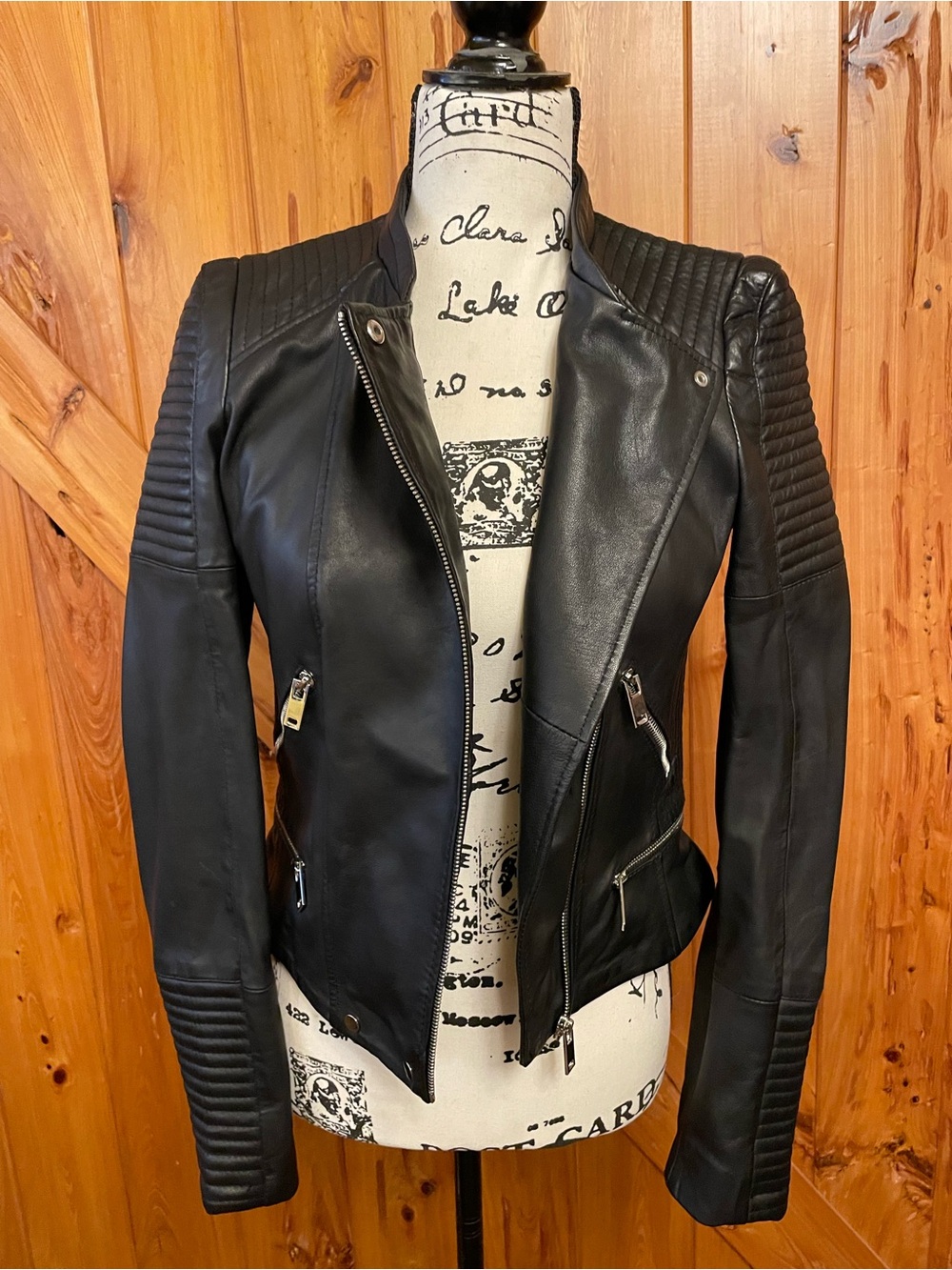 Black Women's Quilted Detail  Leather Moto Jacket